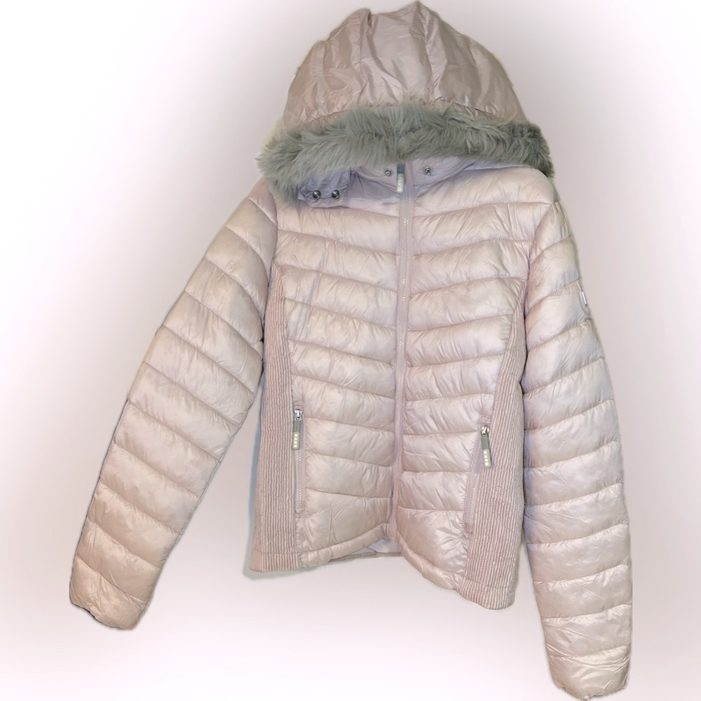 Superdry Women’s Hooded Luxe FauxFur Fuji Puffer JacketCoat Sz12 Pink RoseQuartz